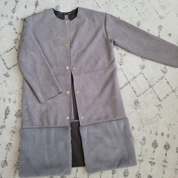 ZARA Long Grey Faux Suede & Faux Fur Button Long Jacket - Picture 2 of 4